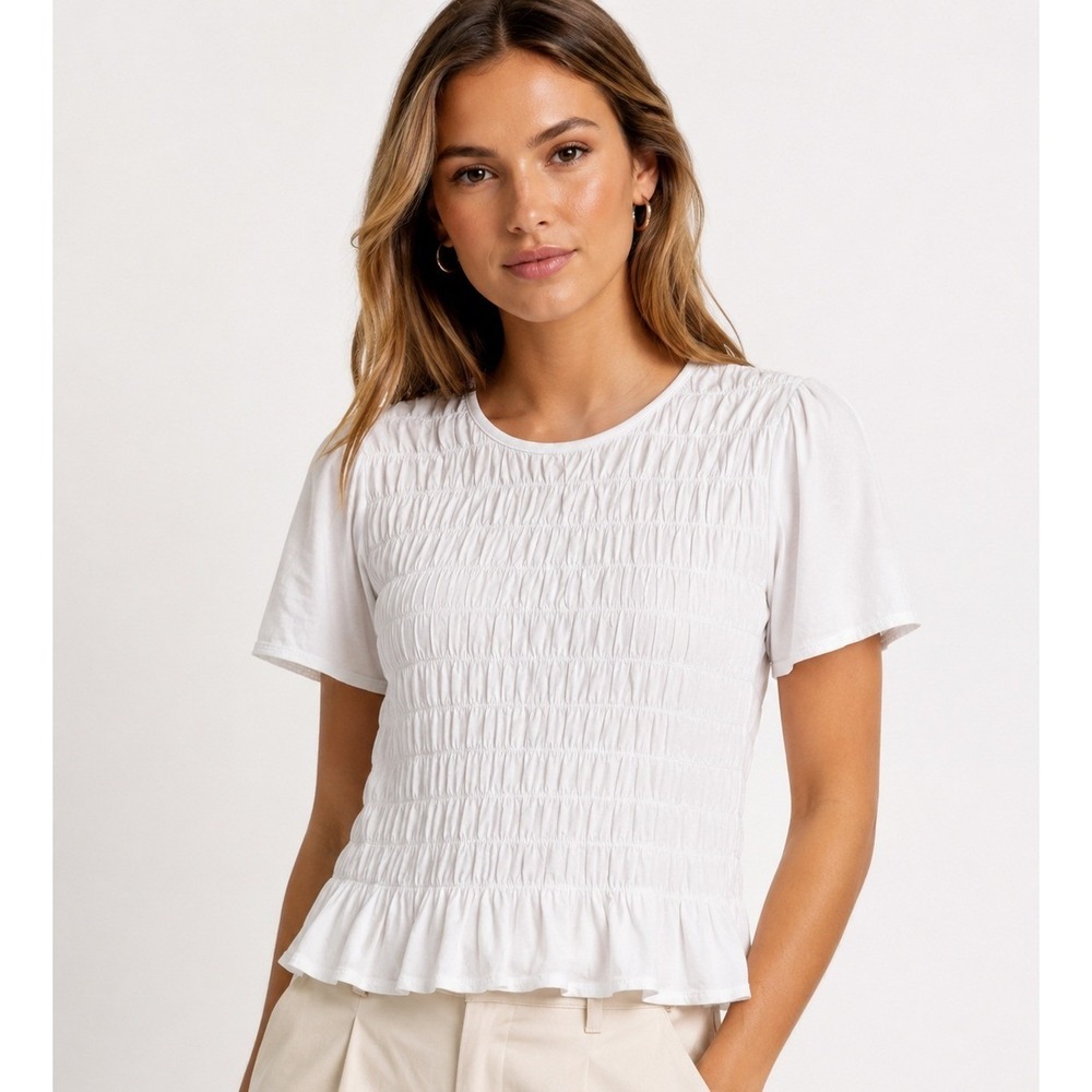 Sanctuary Better Together Smocked Top White Short Sleeve Cotton Blouse NWT
